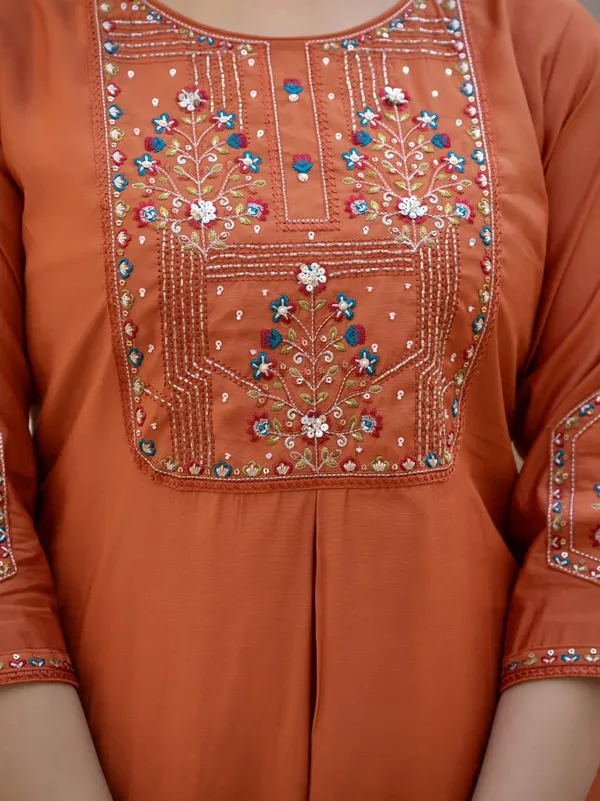 Orange_Designer_Embroidered_Kurti_Pant_Set_with_Maslin_Dupatta
