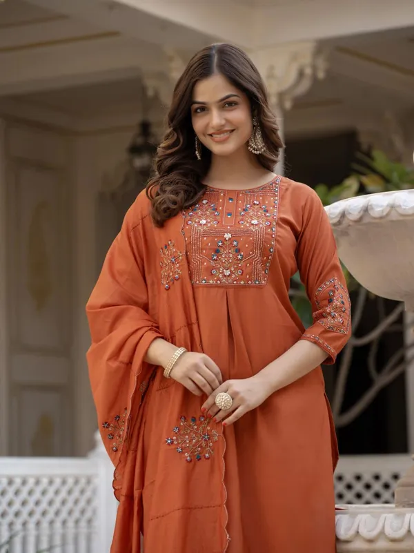 Orange_Designer_Embroidered_Kurti_Pant_Set_with_Maslin_Dupatta