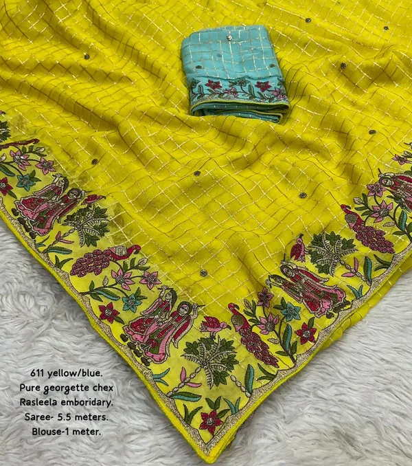 Yellow_&_Green_Georgette_Premium_&_Elegant_Saree_With_Unstitched_Blouse_For_Women