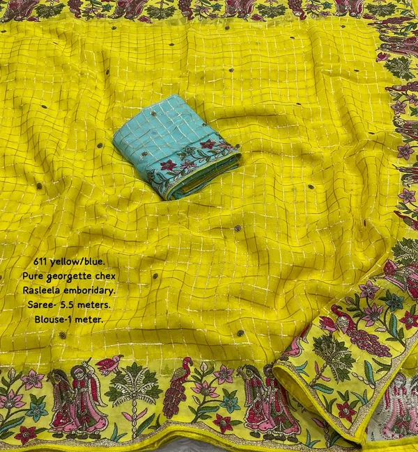 Yellow_&_Green_Georgette_Premium_&_Elegant_Saree_With_Unstitched_Blouse_For_Women
