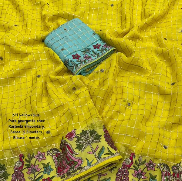 Yellow_&_Green_Georgette_Premium_&_Elegant_Saree_With_Unstitched_Blouse_For_Women
