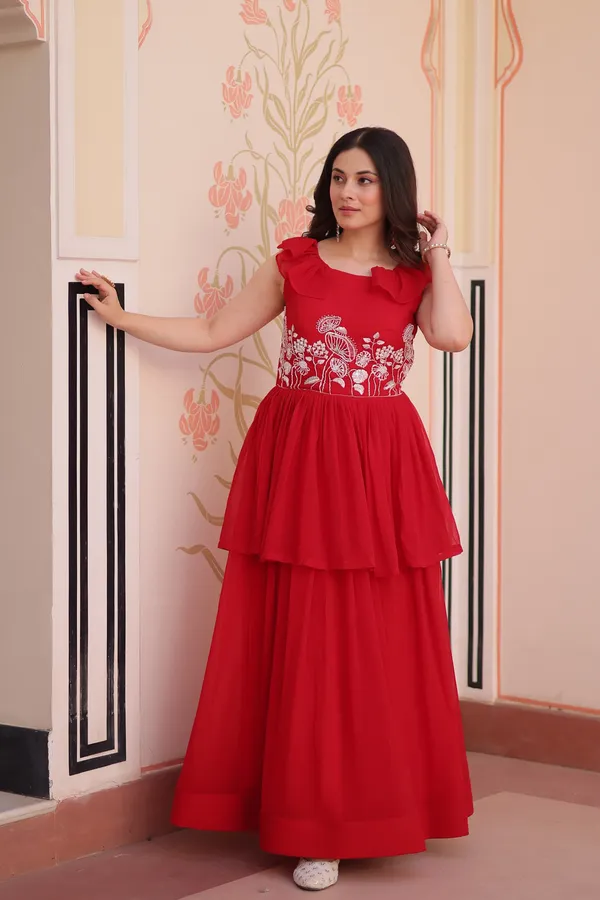 Red_Faux_Embroidered_Layered_Sleeveless_Gown