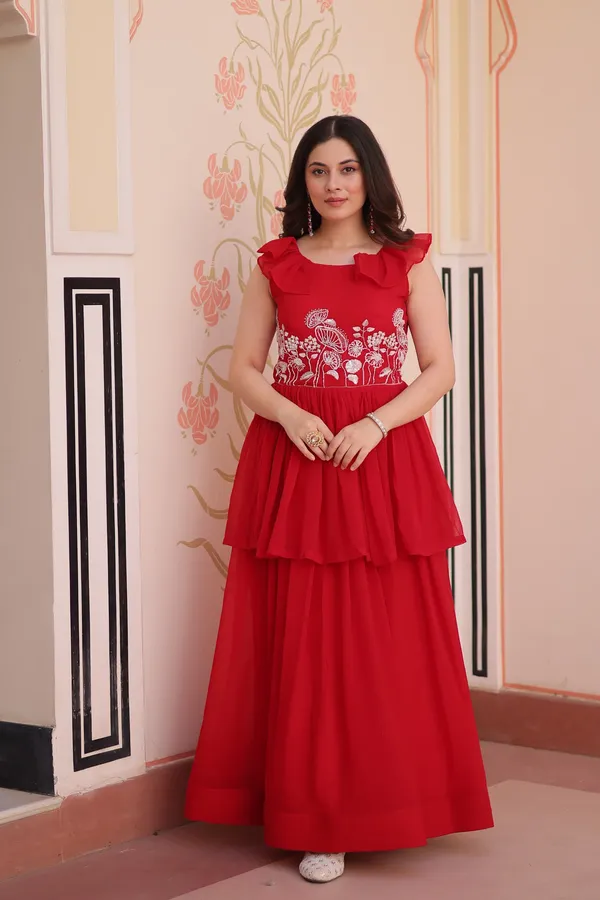 Red_Faux_Embroidered_Layered_Sleeveless_Gown