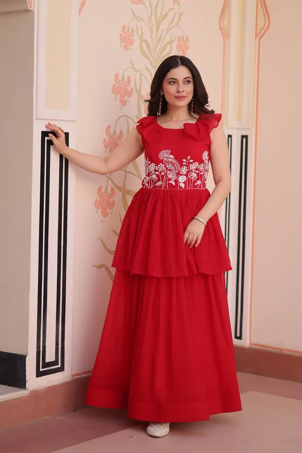 Red_Faux_Embroidered_Layered_Sleeveless_Gown