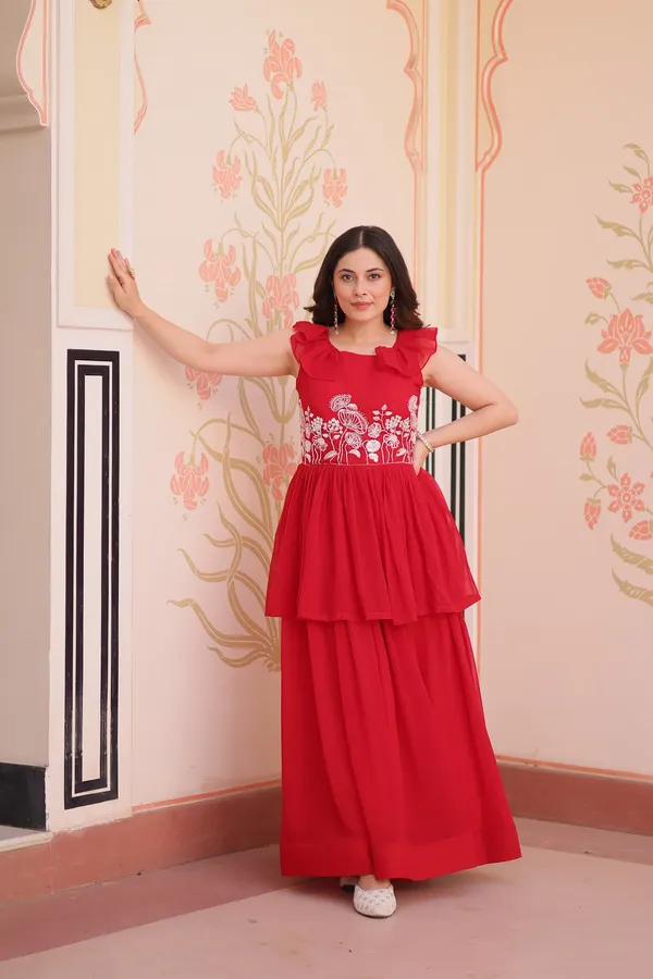 Red_Faux_Embroidered_Layered_Sleeveless_Gown