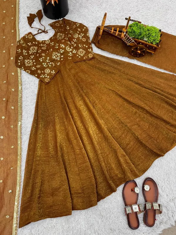 Brown_Crunchy_Silk_Fully_Flared_Anarkali_With_Pant_&_Dupatta