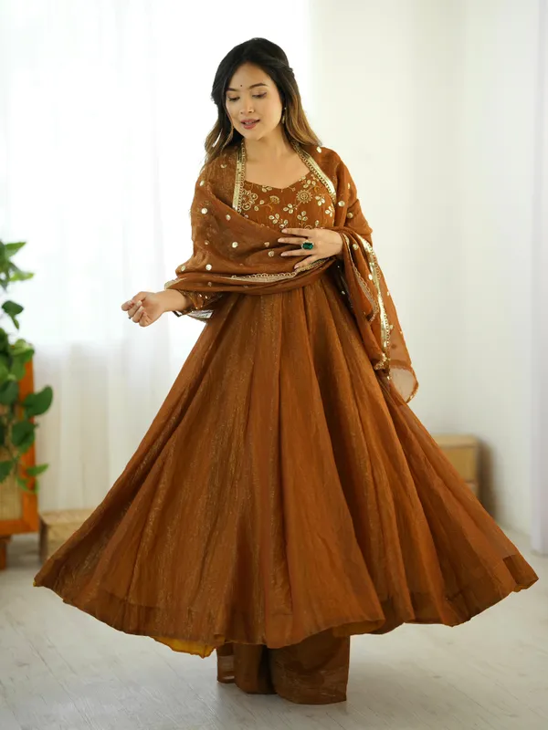 Brown_Crunchy_Silk_Fully_Flared_Anarkali_With_Pant_&_Dupatta