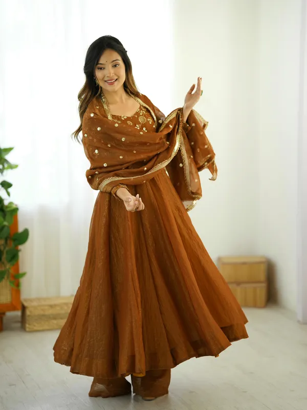 Brown_Crunchy_Silk_Fully_Flared_Anarkali_With_Pant_&_Dupatta