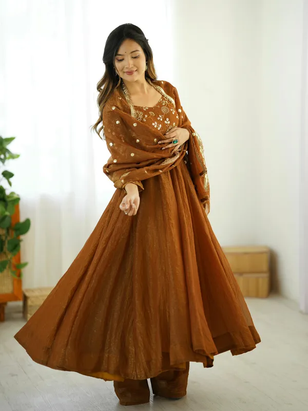 Brown_Crunchy_Silk_Fully_Flared_Anarkali_With_Pant_&_Dupatta