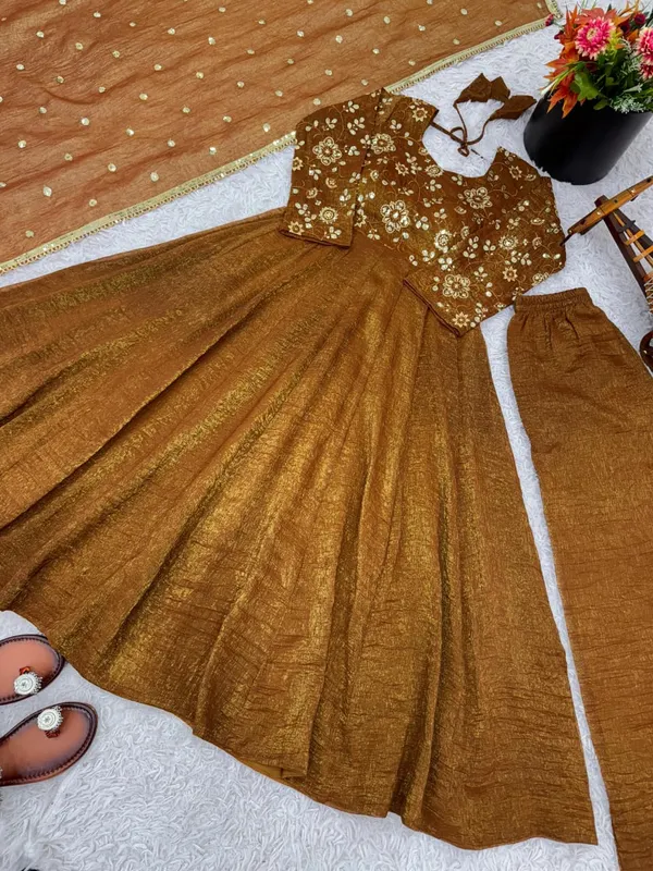 Brown_Crunchy_Silk_Fully_Flared_Anarkali_With_Pant_&_Dupatta