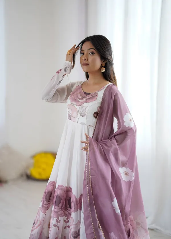 White_Pure_Romansilk_Premium_&_Elegant_Anarkali_Kurta_&_Pant_Set_With_Dupatta_For_Women
