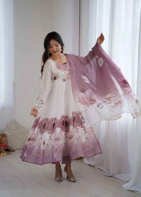 White_Pure_Romansilk_Premium_&_Elegant_Anarkali_Kurta_&_Pant_Set_With_Dupatta_For_Women