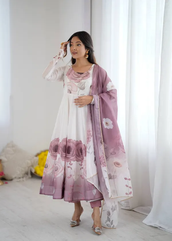 White_Pure_Romansilk_Premium_&_Elegant_Anarkali_Kurta_&_Pant_Set_With_Dupatta_For_Women