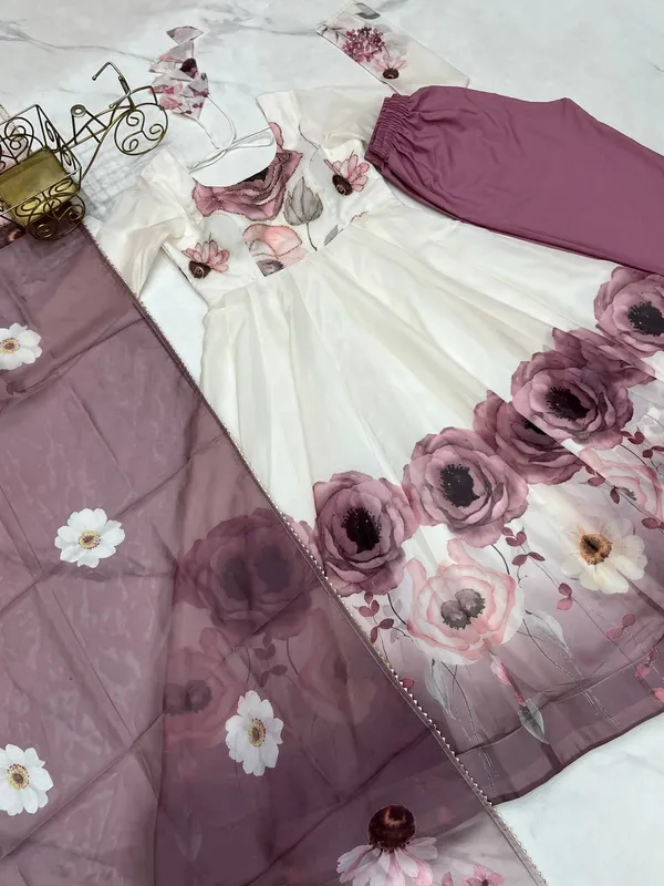 White_Pure_Romansilk_Premium_&_Elegant_Anarkali_Kurta_&_Pant_Set_With_Dupatta_For_Women