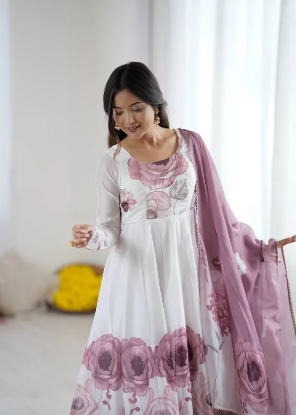 White_Pure_Romansilk_Premium_&_Elegant_Anarkali_Kurta_&_Pant_Set_With_Dupatta_For_Women