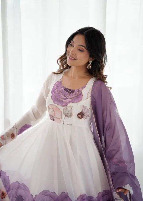 White_Pure_Romansilk_Premium_&_Elegant_Anarkali_Kurta_&_Pant_Set_With_Dupatta_For_Women