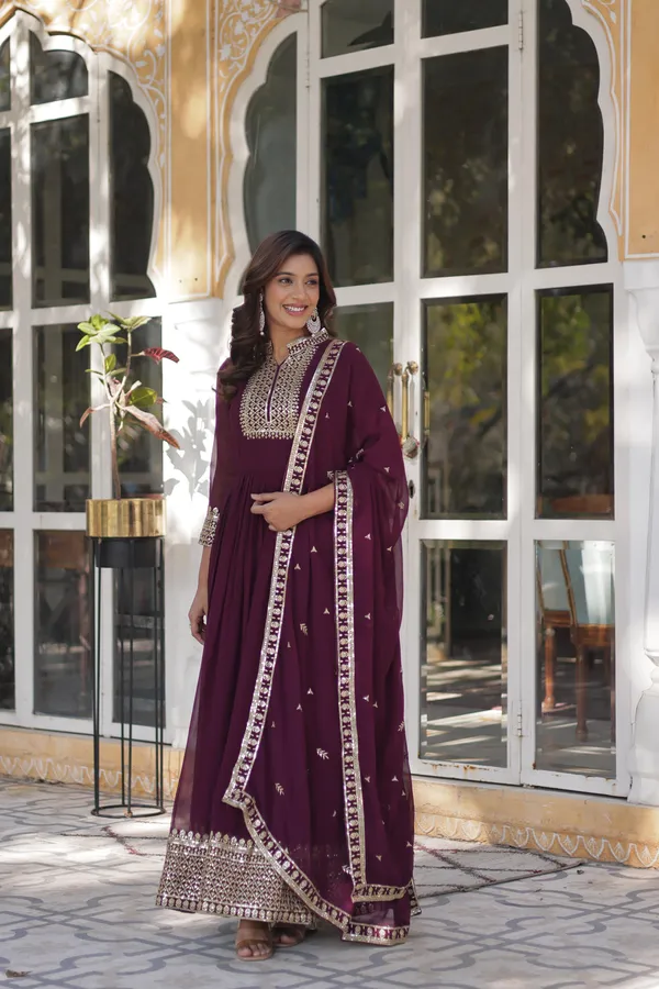 New_Wine_Faux_Blooming_Georgette_Designer_Gown_With_Heavy_Sequins_Embroidered_Dupatta