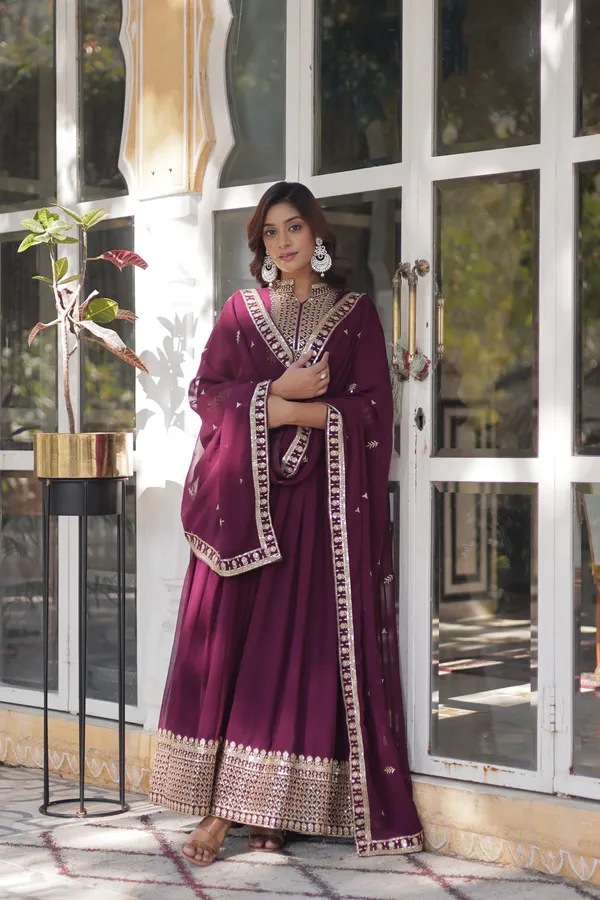 New_Wine_Faux_Blooming_Georgette_Designer_Gown_With_Heavy_Sequins_Embroidered_Dupatta