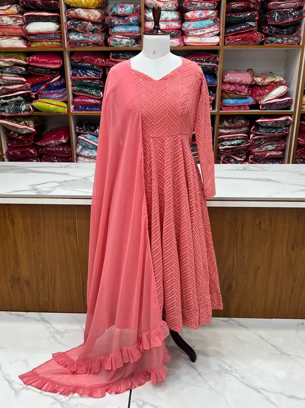 Peach_Pure_Romansilk_Premium_&_Elegant_Anarkali_Kurta_&_Pant_Set_With_Dupatta_For_Women