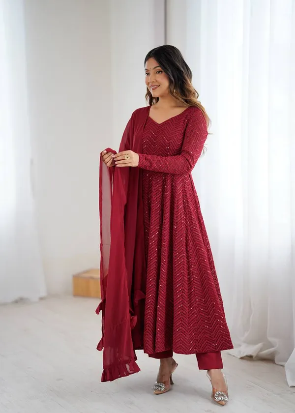 Maroon_Pure_Romansilk_Premium_&_Elegant_Anarkali_Kurta_&_Pant_Set_With_Dupatta_For_Women