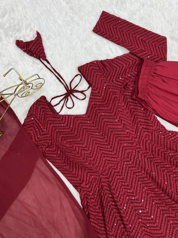 Maroon_Pure_Romansilk_Premium_&_Elegant_Anarkali_Kurta_&_Pant_Set_With_Dupatta_For_Women