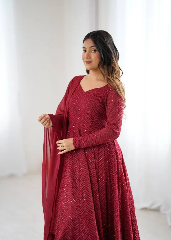 Maroon_Pure_Romansilk_Premium_&_Elegant_Anarkali_Kurta_&_Pant_Set_With_Dupatta_For_Women