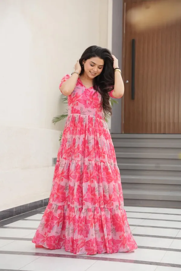 Peach_Flair_Floral_Printed_Faux_Georgette_Gown