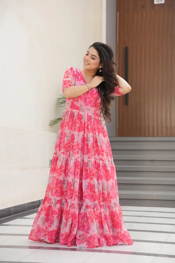 Peach_Flair_Floral_Printed_Faux_Georgette_Gown