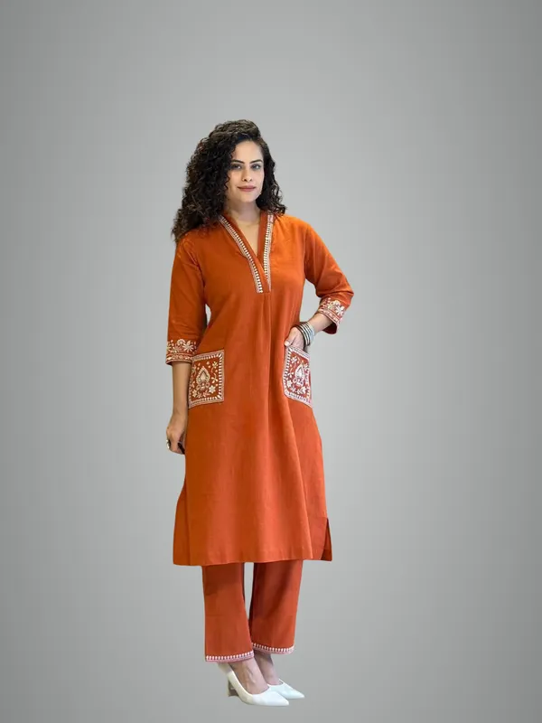 Orange_Cotton_Premium_&_Elegant_Kurta_&_Pant_Set_For_Women