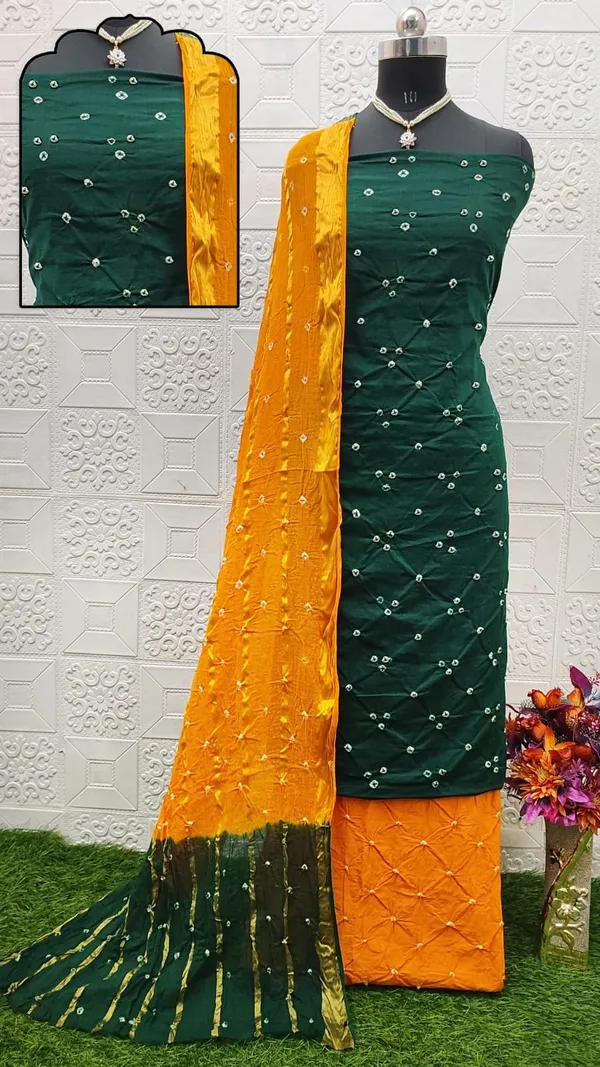 Green_&_Yellow_Pure_Cotton_Hand_Bandhej_Bandhani_Unstitched_Suit_Dress_Material_With_2_Meter_Dupatta_For_Women