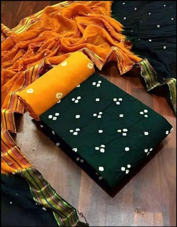 Green_&_Yellow_Pure_Cotton_Hand_Bandhej_Bandhani_Unstitched_Suit_Dress_Material_With_2_Meter_Dupatta_For_Women