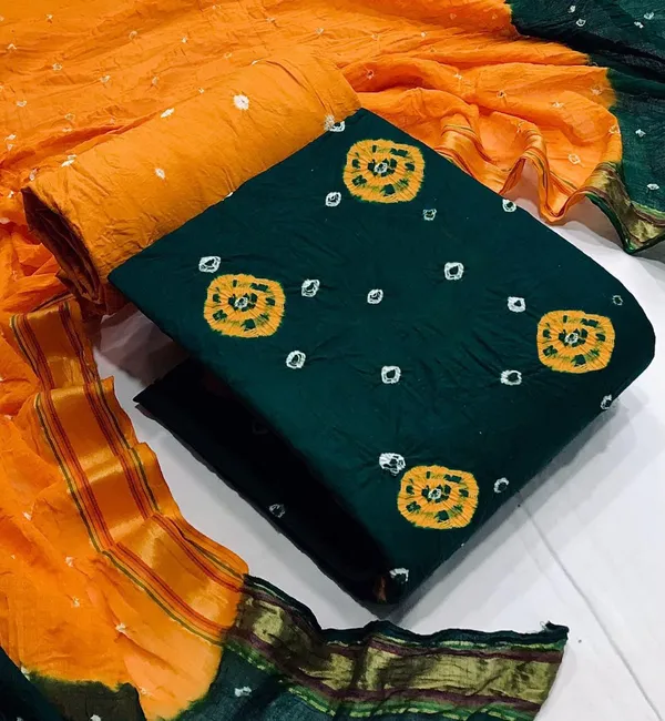 Green_&_Yellow_Pure_Cotton_Hand_Bandhej_Bandhani_Unstitched_Suit_Dress_Material_With_2_Meter_Dupatta_For_Women