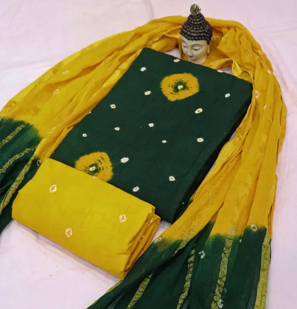 Green_&_Yellow_Pure_Cotton_Hand_Bandhej_Bandhani_Unstitched_Suit_Dress_Material_With_2_Meter_Dupatta_For_Women