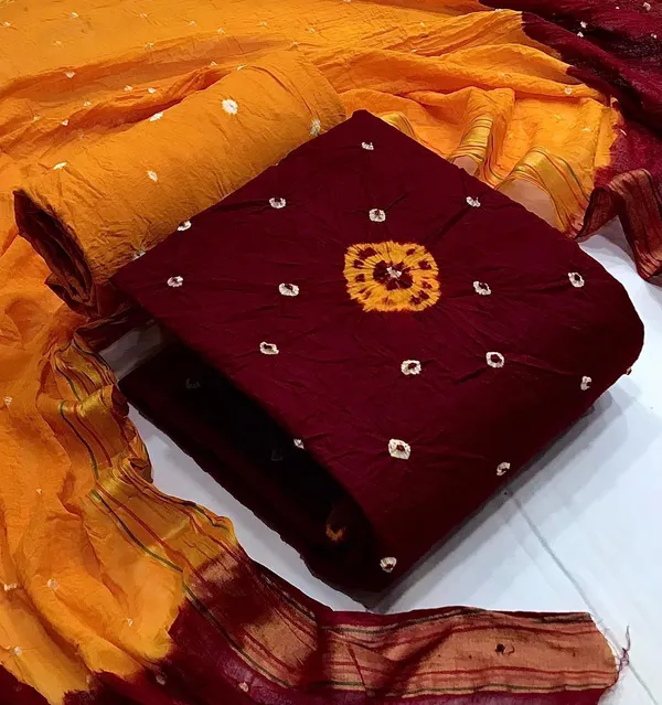 Red_&_Yellow_Pure_Cotton_Hand_Bandhej_Bandhani_Unstitched_Suit_Dress_Material_With_2_Meter_Dupatta_For_Women