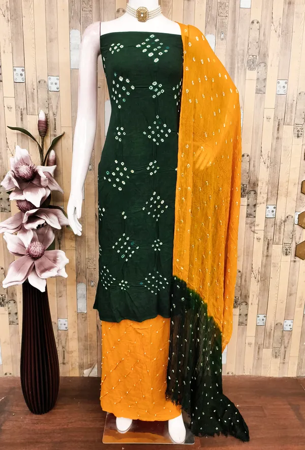 Green_&_Yellow_Pure_Rayon_Hand_Bandhej_Bandhani_Unstitched_Suit_Dress_Material_With_2_Meter_Dupatta_For_Women