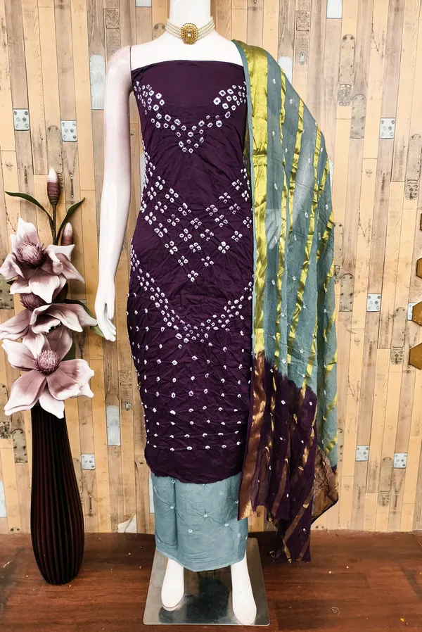 Brown_&_Grey_Pure_Cotton_Hand_Bandhej_Bandhani_Unstitched_Suit_Dress_Material_With_2_Meter_Dupatta_For_Women