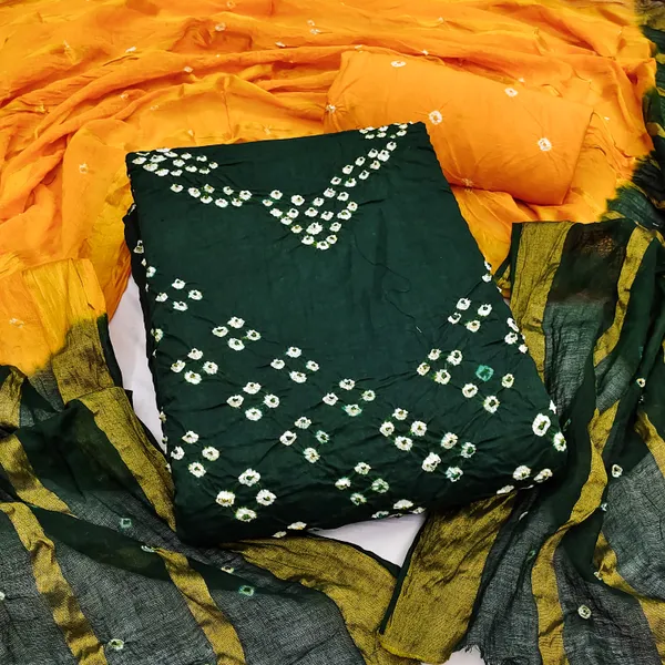 Green_&_Yellow_Pure_Cotton_Hand_Bandhej_Bandhani_Unstitched_Suit_Dress_Material_With_2_Meter_Dupatta_For_Women