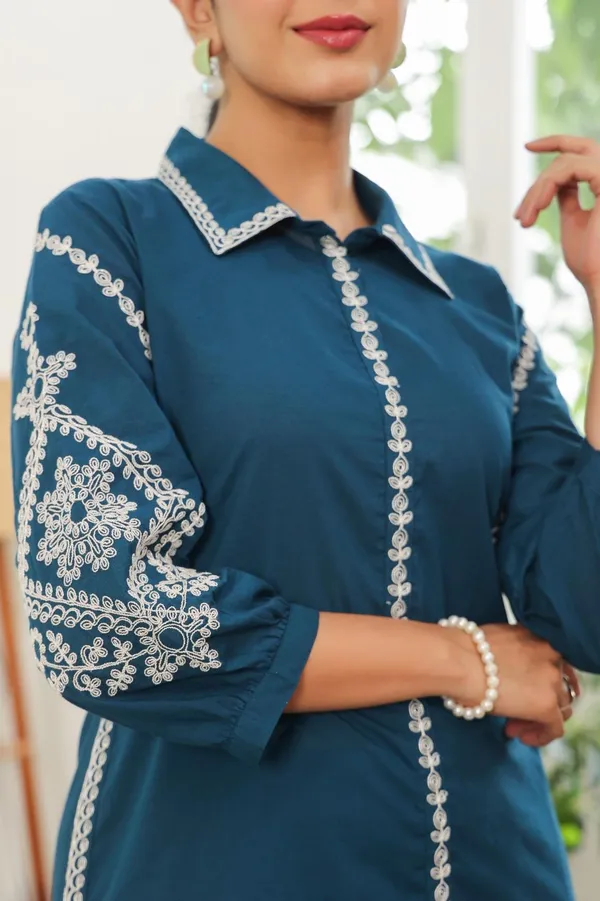 Teal_Cotton_Straight_Fit_Embroidered_Coord_Set