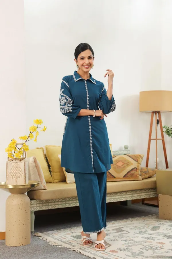 Teal_Cotton_Straight_Fit_Embroidered_Coord_Set