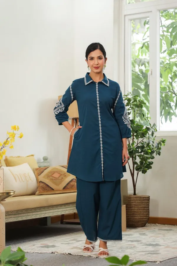 Teal_Cotton_Straight_Fit_Embroidered_Coord_Set