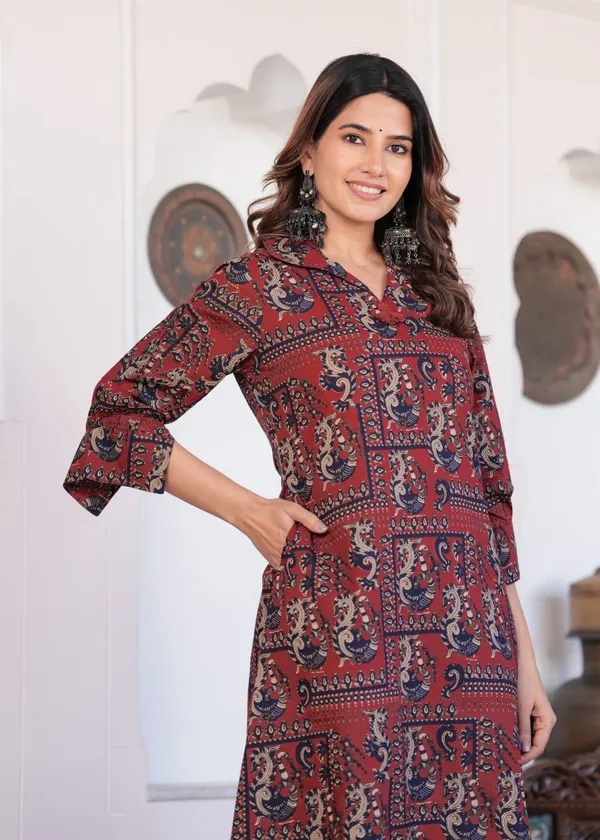 Maroon_Block_Print_Cotton_Kurta_&_Pant_Coord_Set_Comfort_Fit_With_Functional_Pocket