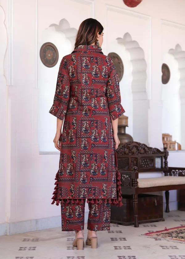 Maroon_Block_Print_Cotton_Kurta_&_Pant_Coord_Set_Comfort_Fit_With_Functional_Pocket