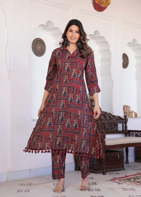 Maroon_Block_Print_Cotton_Kurta_&_Pant_Coord_Set_Comfort_Fit_With_Functional_Pocket