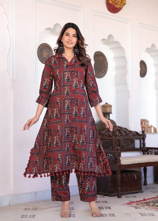 Maroon_Block_Print_Cotton_Kurta_&_Pant_Coord_Set_Comfort_Fit_With_Functional_Pocket