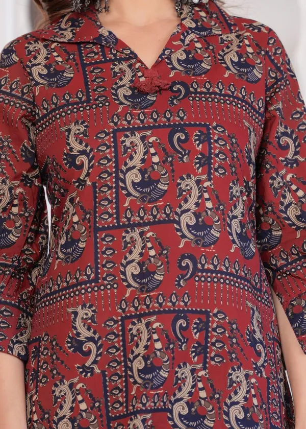 Maroon_Block_Print_Cotton_Kurta_&_Pant_Coord_Set_Comfort_Fit_With_Functional_Pocket