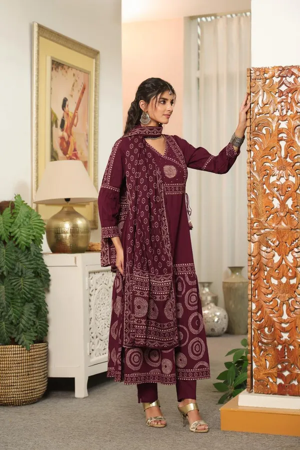 Deep_Plum_Cotton_Bandhej_Printed_Anarkali_Set