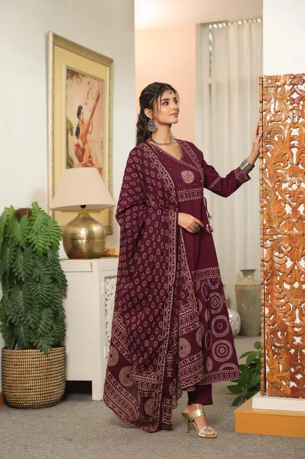 Deep_Plum_Cotton_Bandhej_Printed_Anarkali_Set