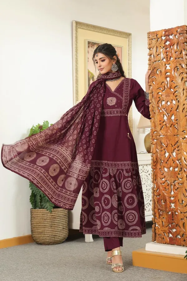 Deep_Plum_Cotton_Bandhej_Printed_Anarkali_Set