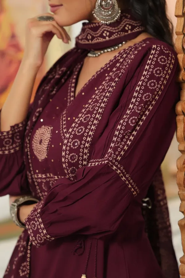 Deep_Plum_Cotton_Bandhej_Printed_Anarkali_Set