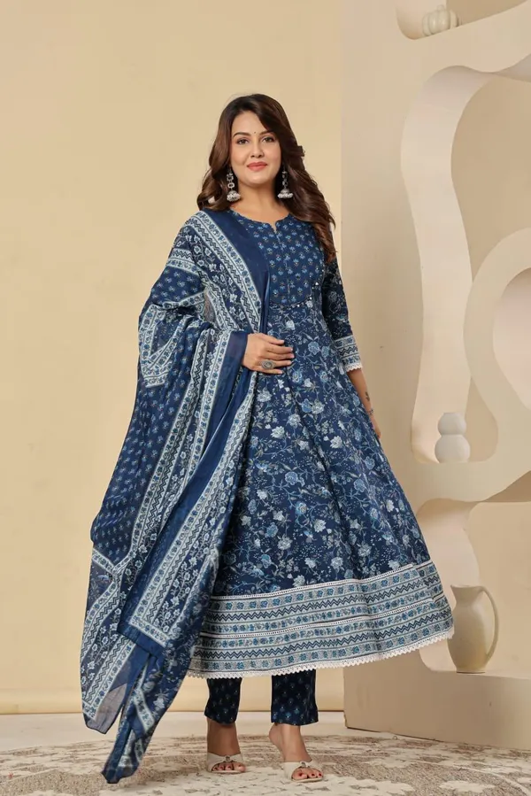 Indigo_Cotton_Floral_Printed_Anarkali_Kurta_Set_With_Dupatta